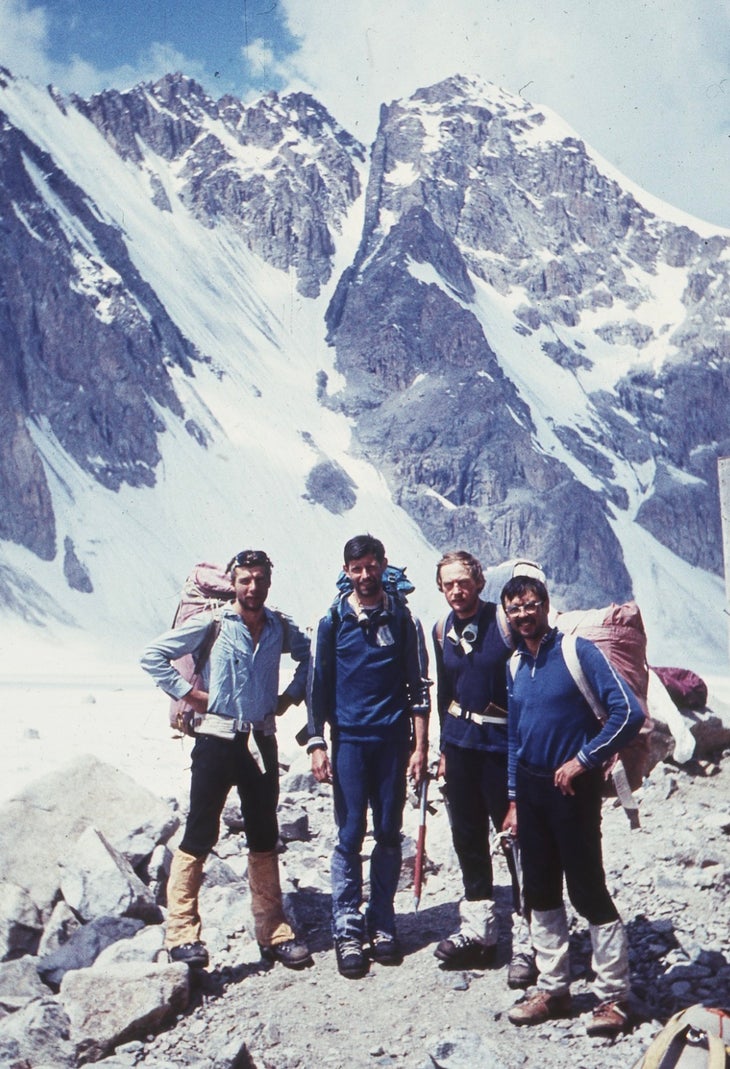 From left to right: Sergey Uspensky, Sergey Semiletkin, Nikolay Totmyanin, and Alexander Terekhov pose before climbing Free Korea in 1988.