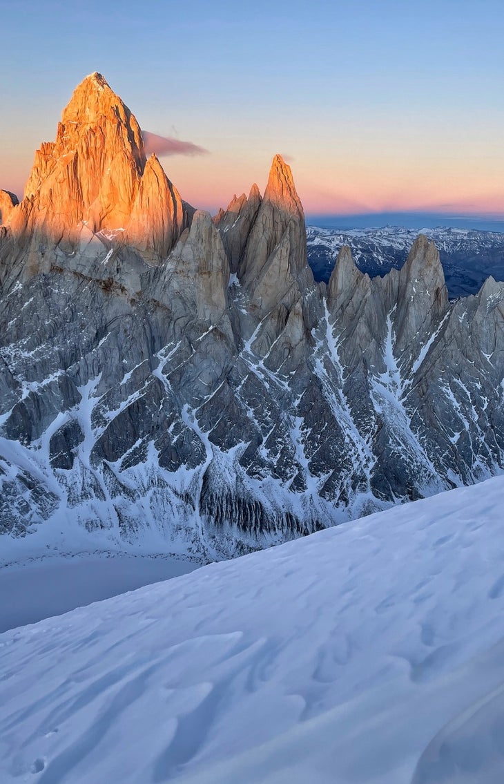 Looking east to the Fitx Roy group at sunset, from high on Aguja Standhardt.