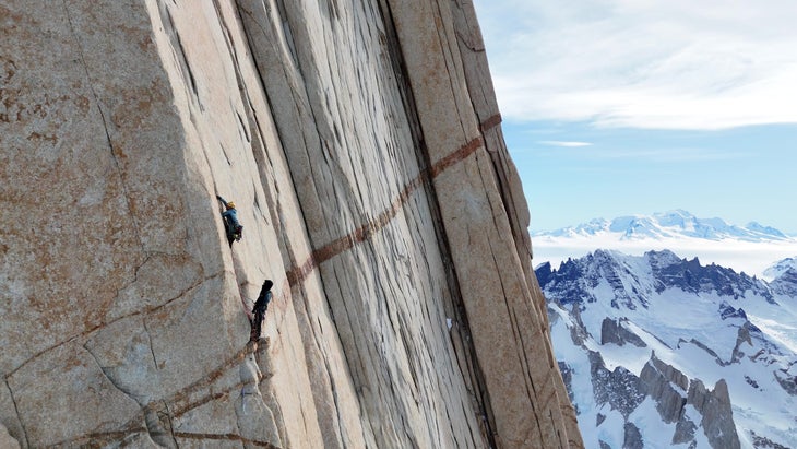 Matteo Della Bordella leads clean splitters part way up the Casarotto Route, Fitz Roy, in winter.