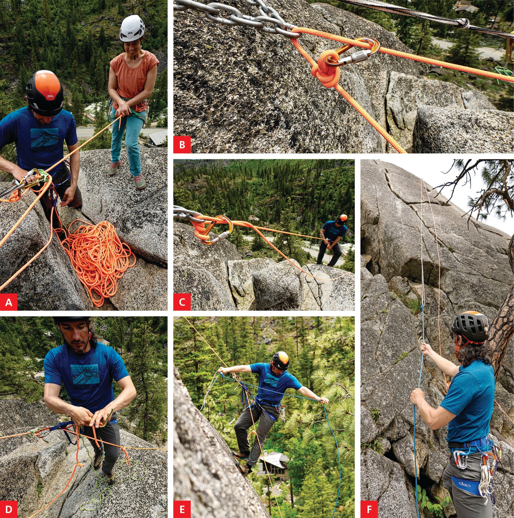 A numbered collage of images showing the reader how to set up a Reepschnur Rappel.